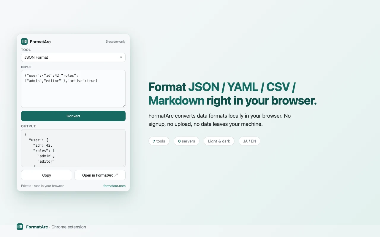 FormatArc Chrome extension popup with promo card