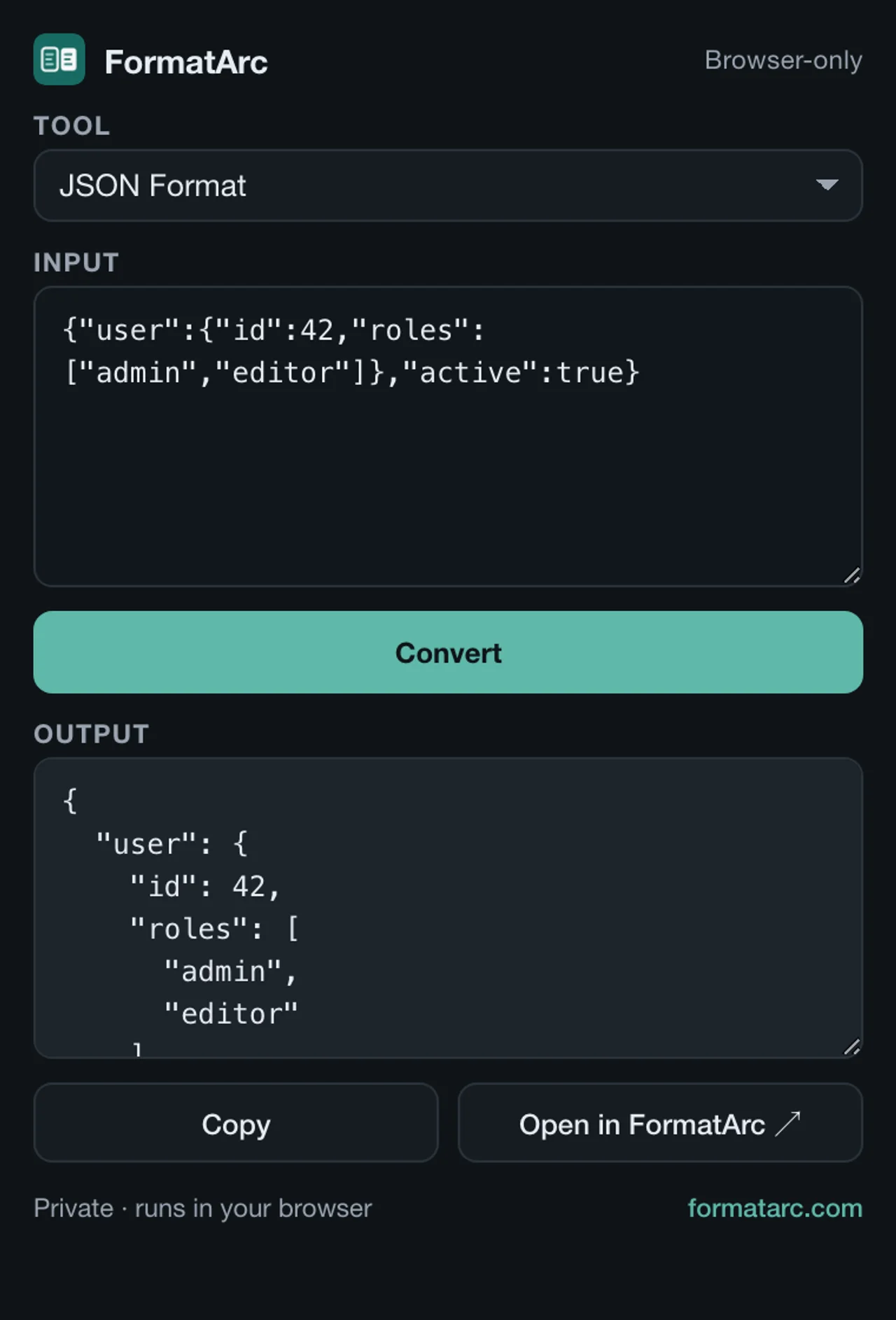 FormatArc Chrome extension — JSON formatted in the popup