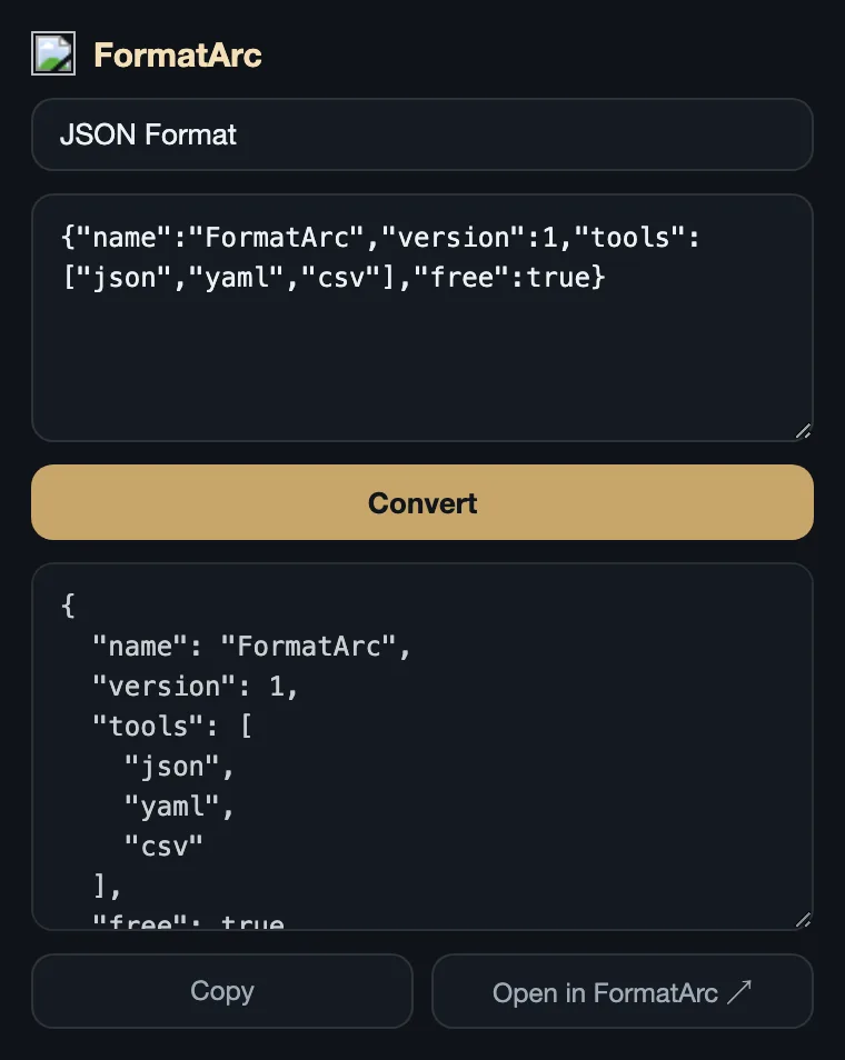 FormatArc Chrome extension popup UI showing formatted JSON output