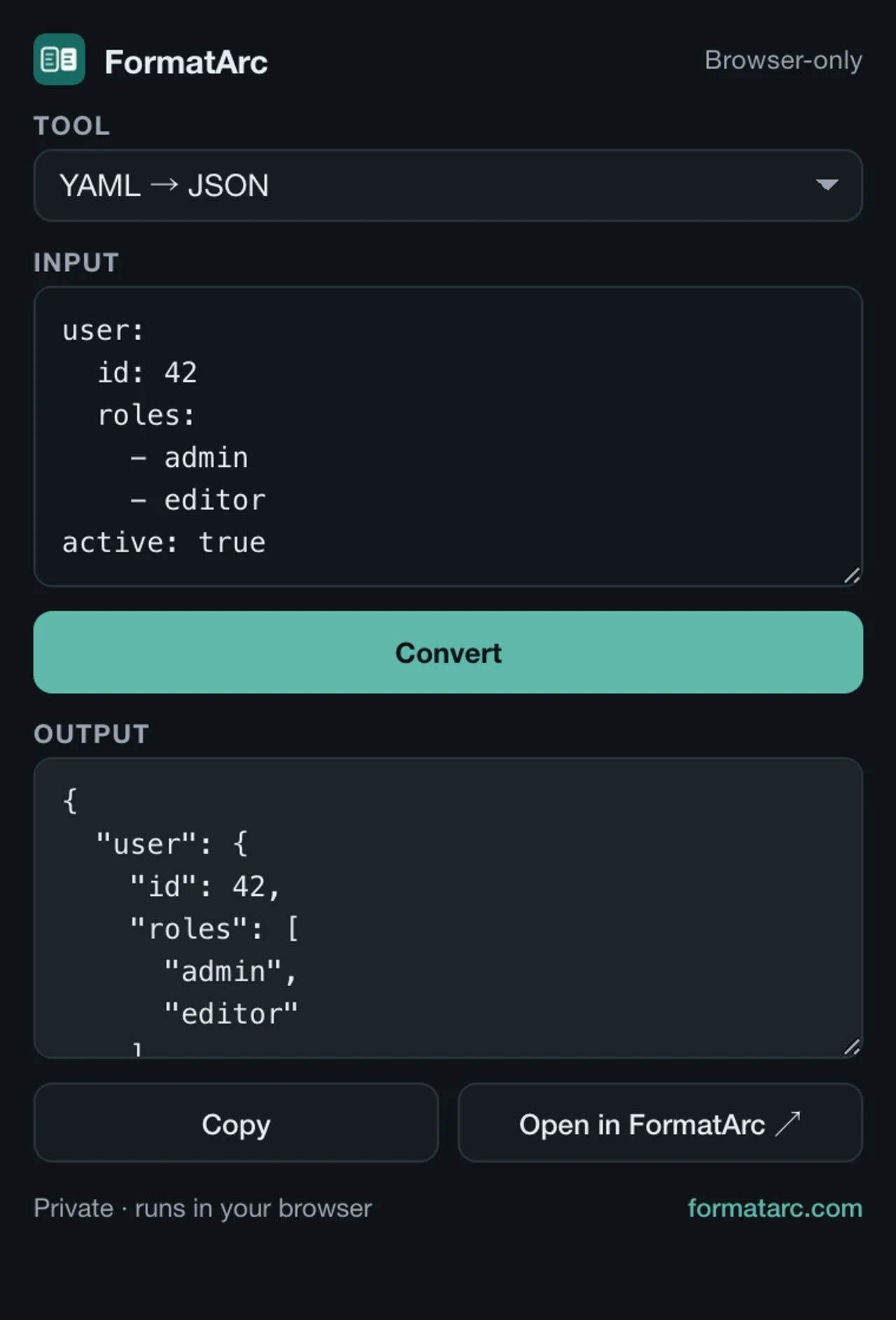 FormatArc Chrome extension — YAML converted to JSON in the popup