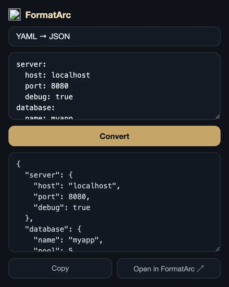 FormatArc Chrome extension — YAML converted to JSON in the popup