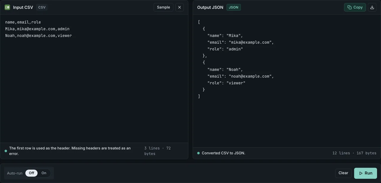 FormatArc CSV to JSON conversion result