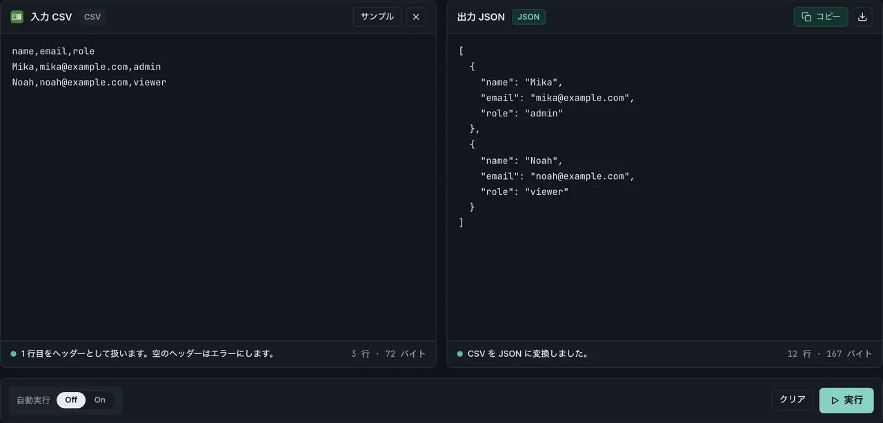 FormatArc CSV to JSON の変換結果