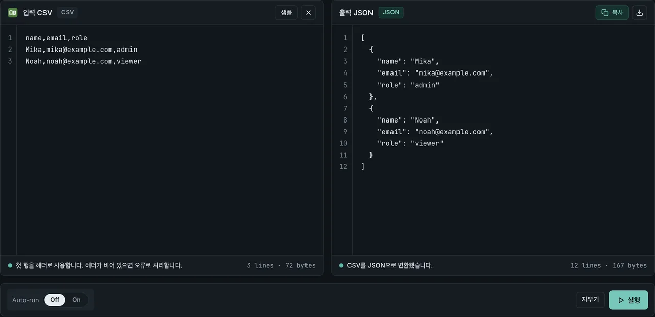 FormatArc의 한국어 CSV to JSON 화면에 표시된 변환 결과