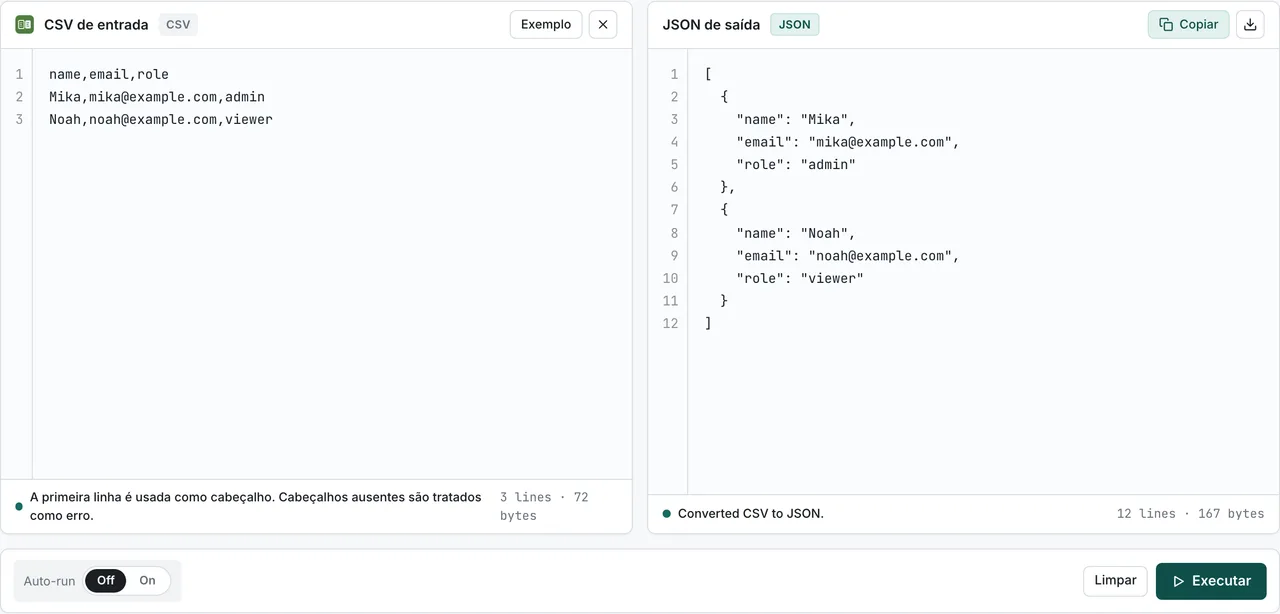 Resultado da conversão de CSV para JSON