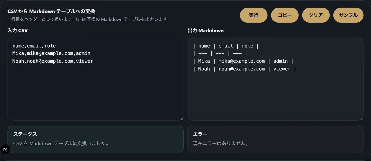 FormatArc CSV to Markdown の変換結果