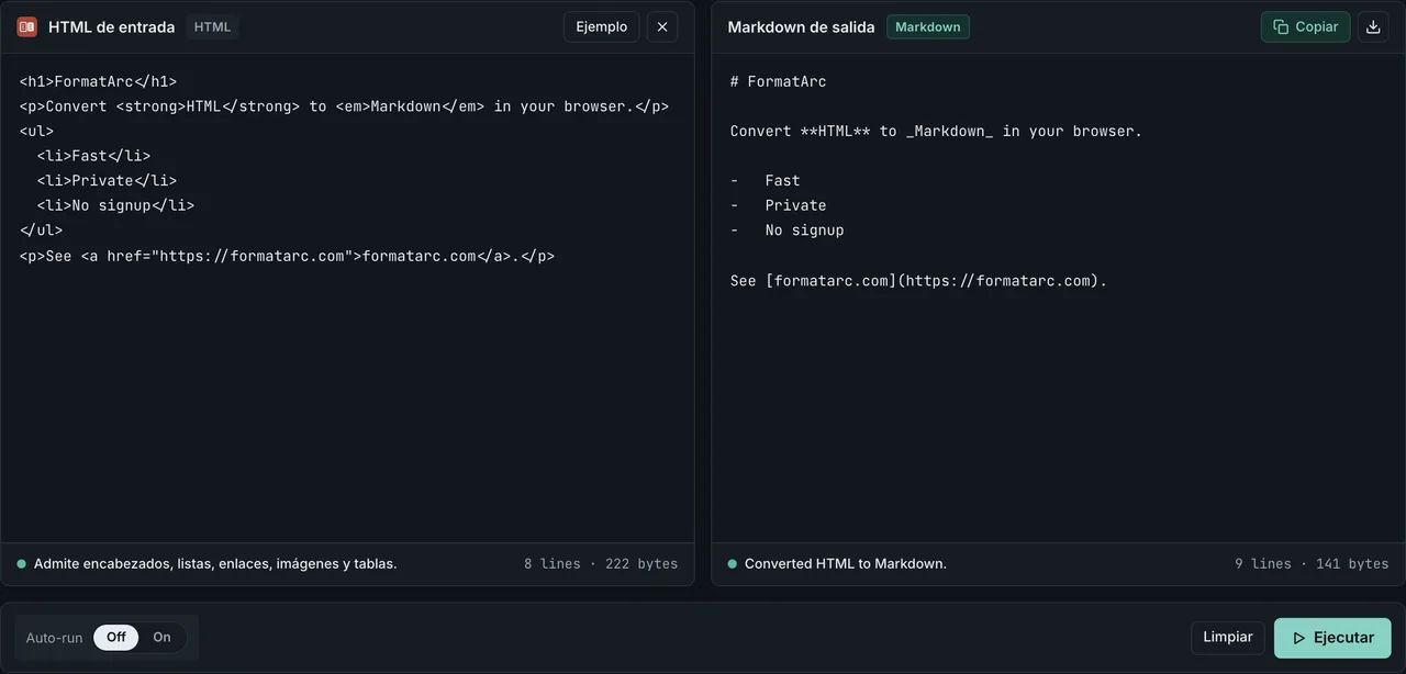 FormatArc convirtiendo una exportación HTML de Notion en Markdown limpio en el navegador