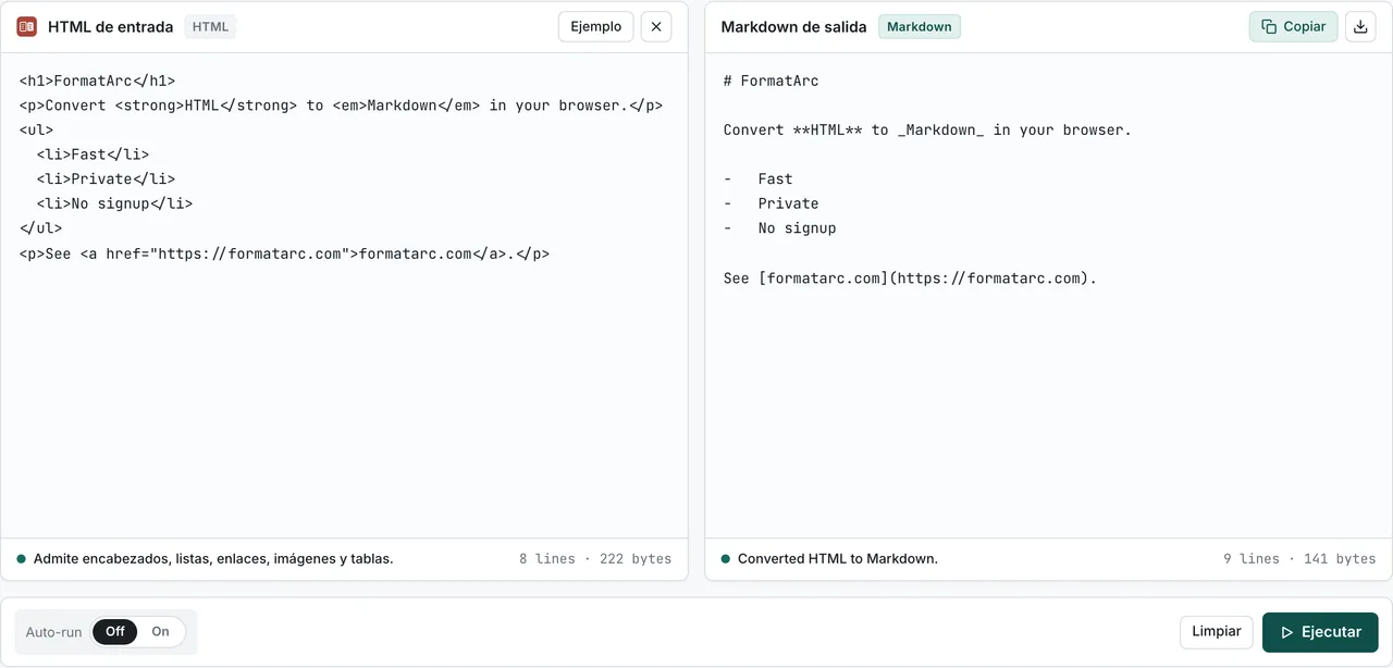 FormatArc convirtiendo una exportación HTML de Notion en Markdown limpio en el navegador