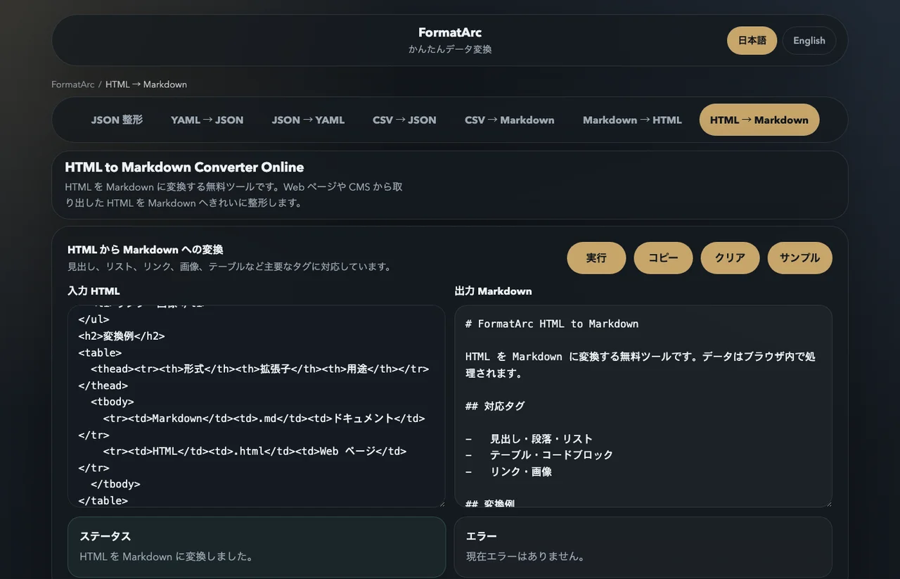 FormatArc HTML to Markdown の変換結果