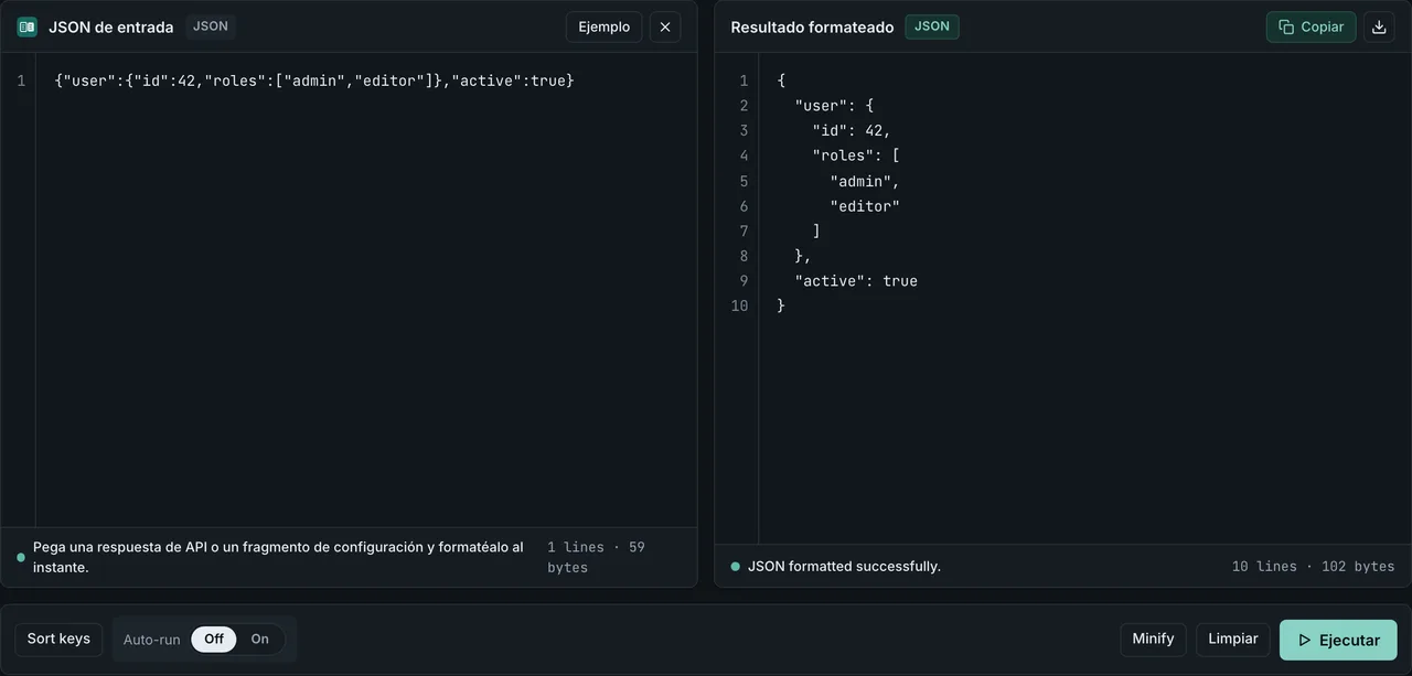 El Formateador de JSON de FormatArc mostrando una carga útil JSON limpia e impresa con formato