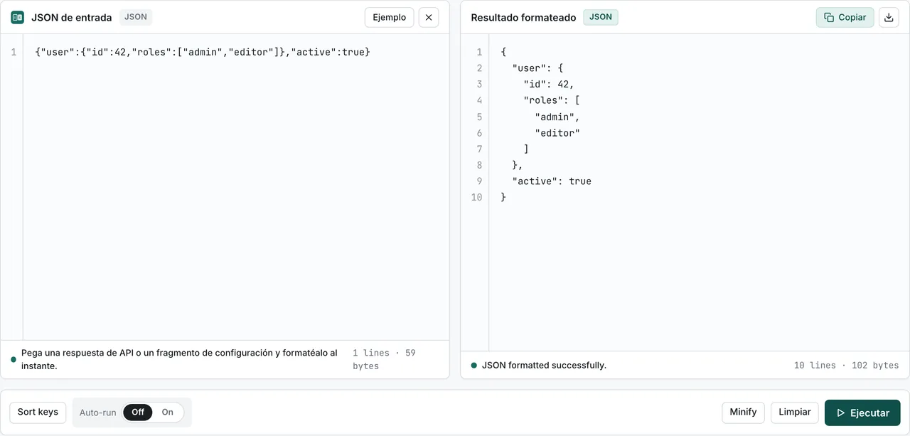 El Formateador de JSON de FormatArc mostrando una carga útil JSON limpia e impresa con formato