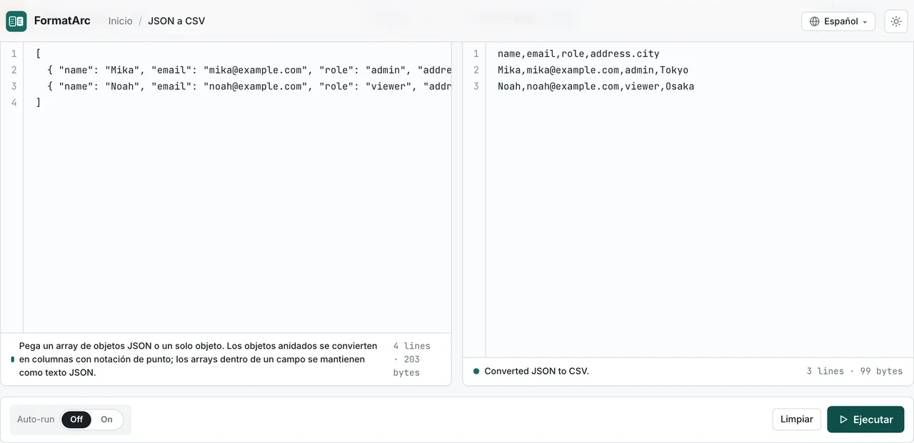 FormatArc JSON a CSV convirtiendo un array JSON anidado en un CSV con la columna address.city