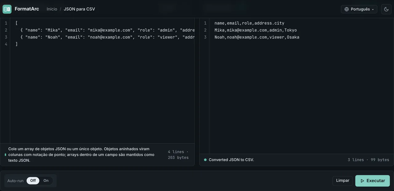 FormatArc JSON para CSV convertendo um array JSON aninhado em um CSV com a coluna address.city