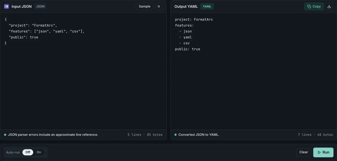 FormatArc JSON to YAML conversion result