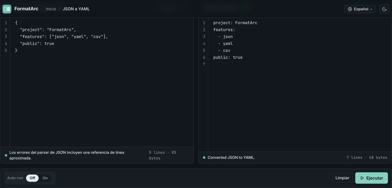 Resultado de la conversión de JSON a YAML