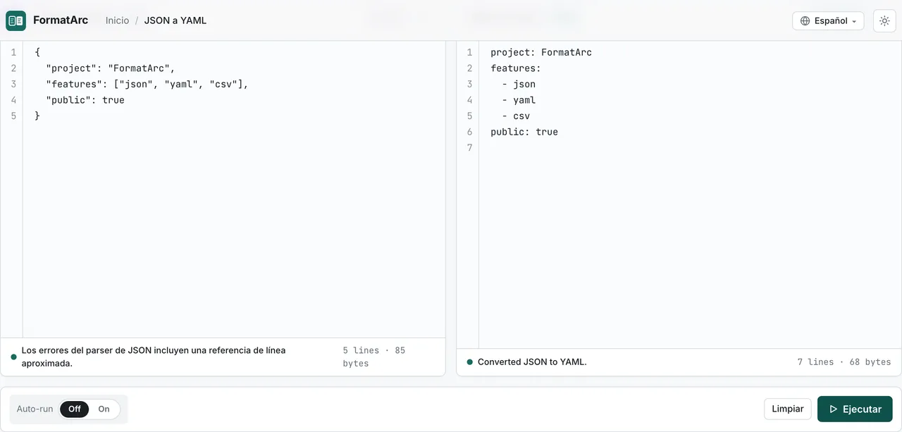 Resultado de la conversión de JSON a YAML
