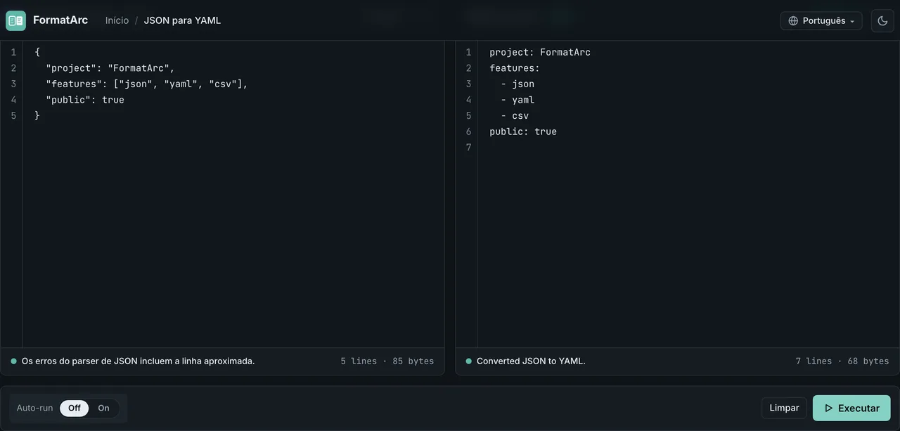 Resultado da conversão de JSON para YAML