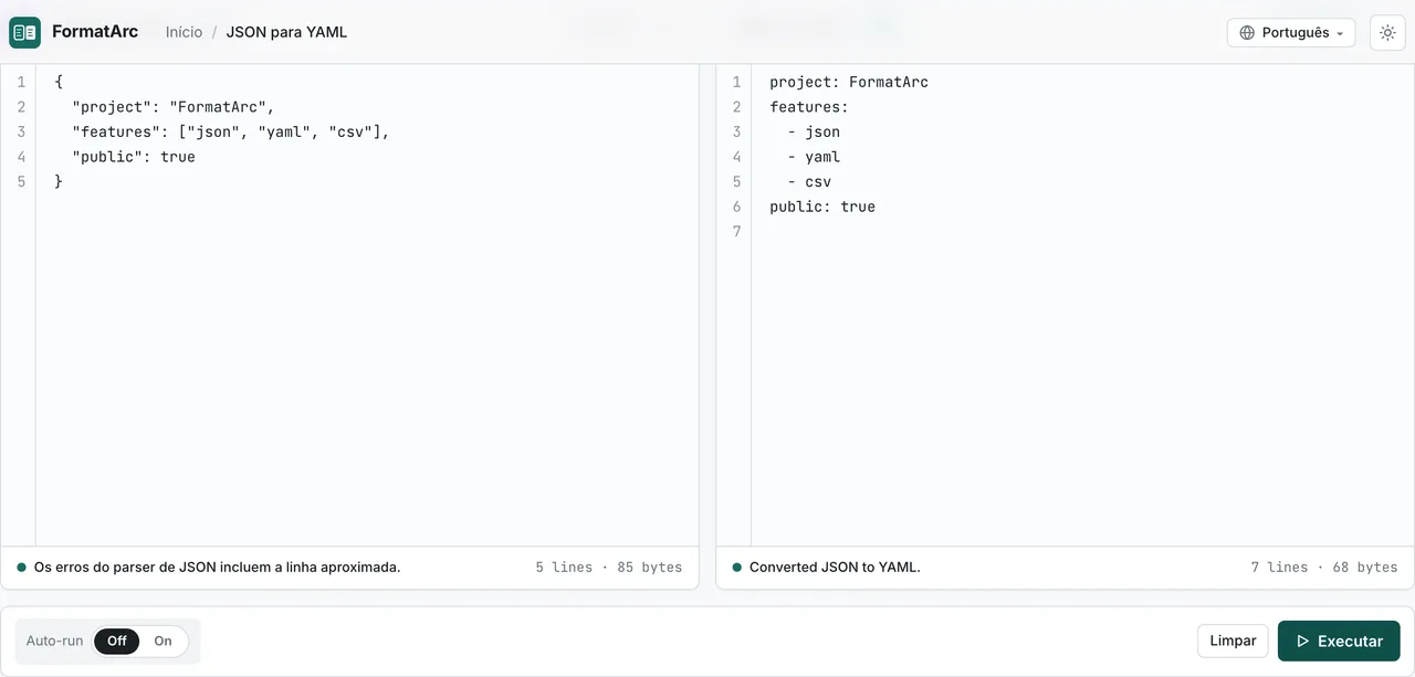 Resultado da conversão de JSON para YAML