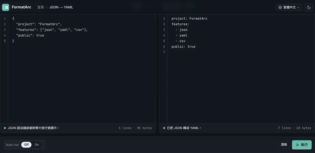 FormatArc 的 JSON 轉 YAML 轉換結果畫面