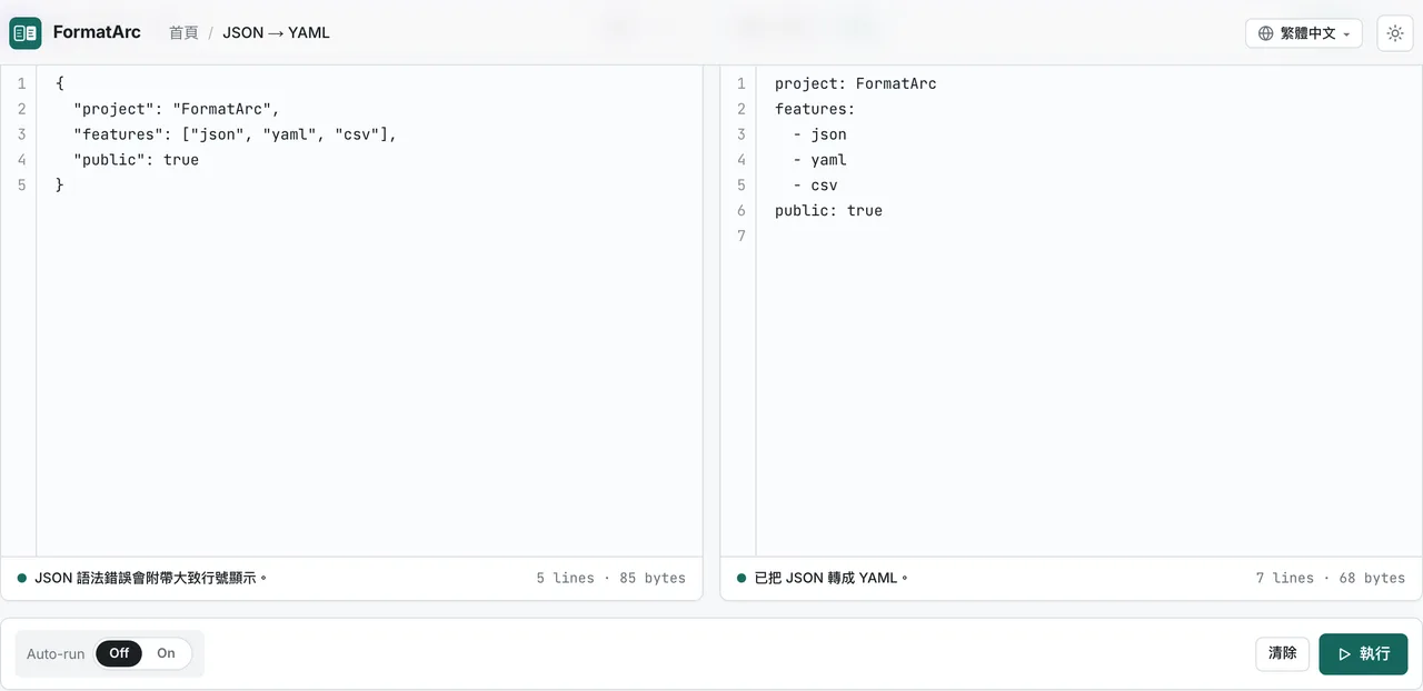 FormatArc 的 JSON 轉 YAML 轉換結果畫面