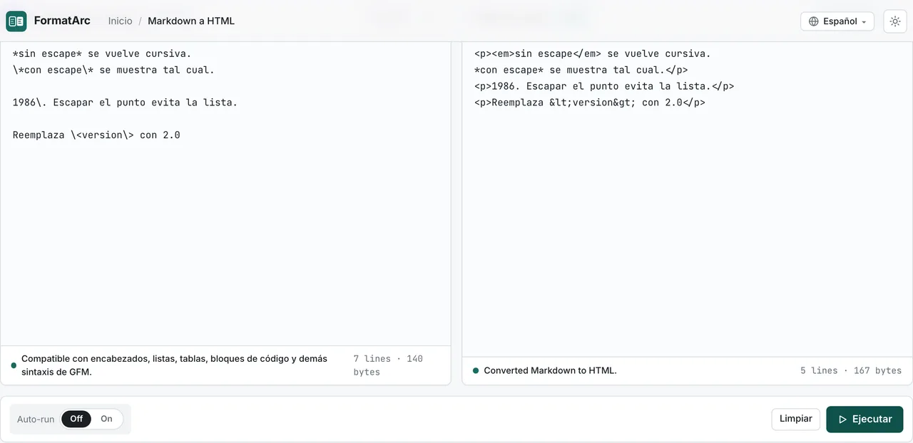El conversor Markdown a HTML de FormatArc mostrando la diferencia entre símbolos escapados y sin escapar