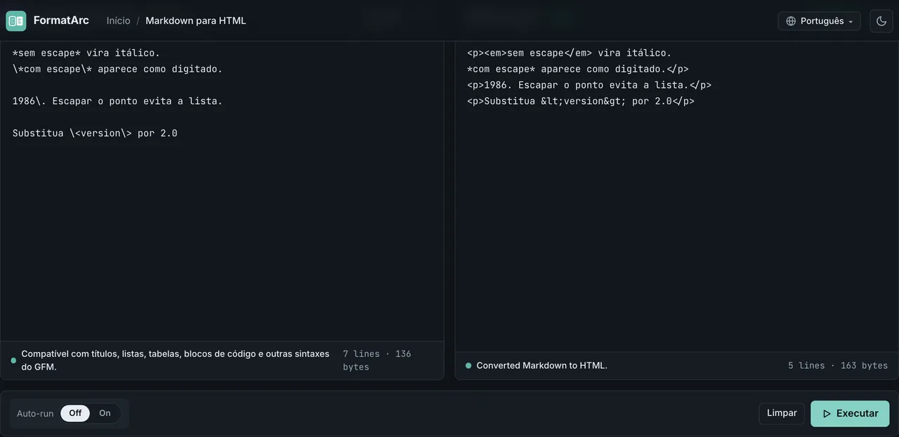 O conversor Markdown para HTML do FormatArc mostrando a diferença entre símbolos escapados e sem escape