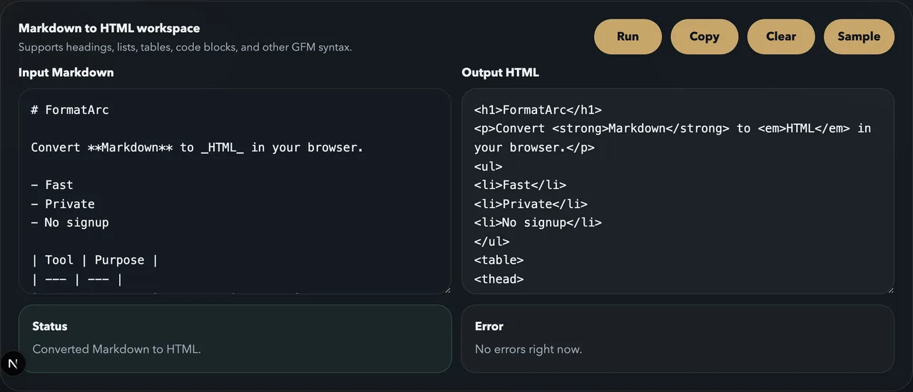 FormatArc Markdown to HTML conversion result