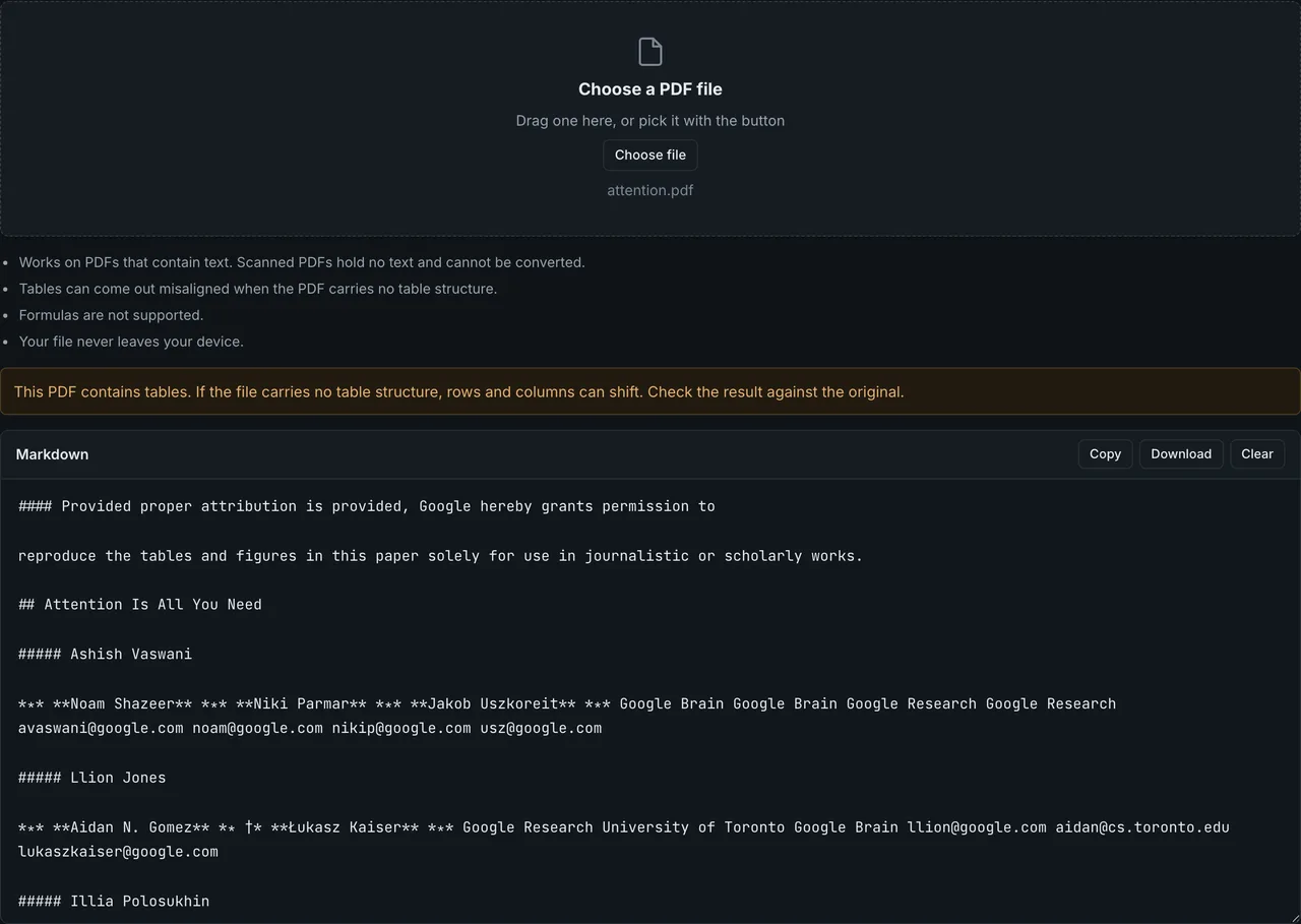 The result of converting a PDF to Markdown shown in FormatArc