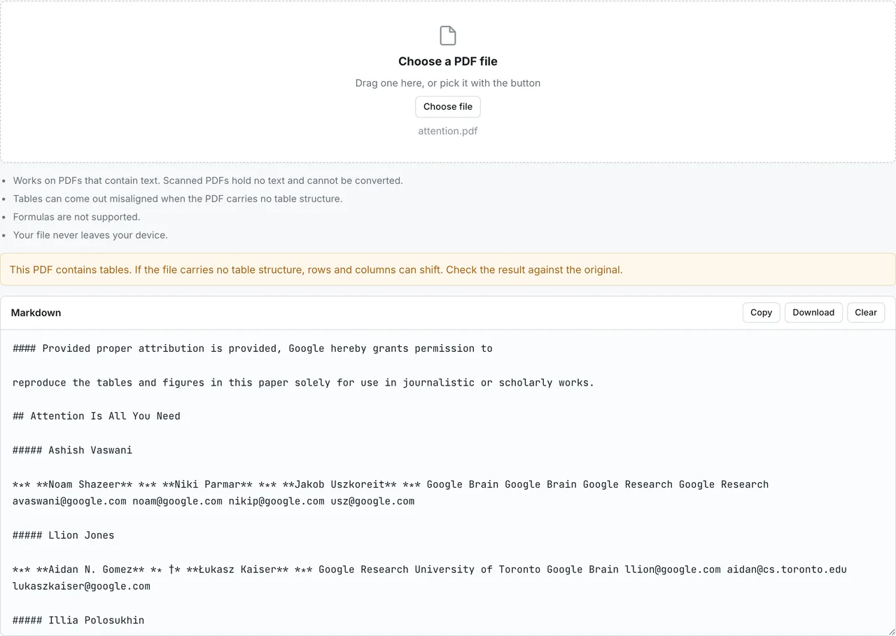 The result of converting a PDF to Markdown shown in FormatArc