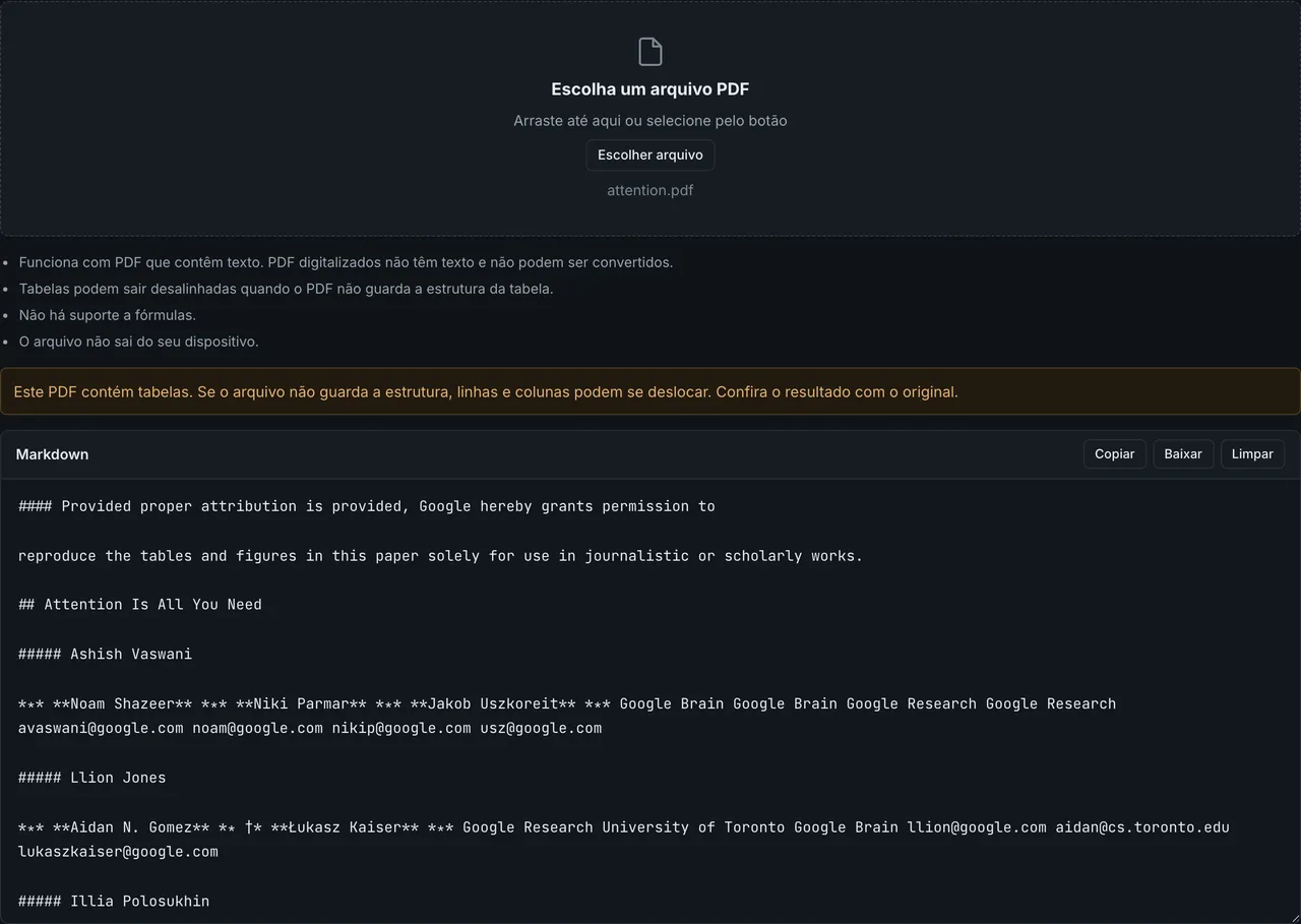 O resultado de converter um PDF para Markdown exibido no FormatArc