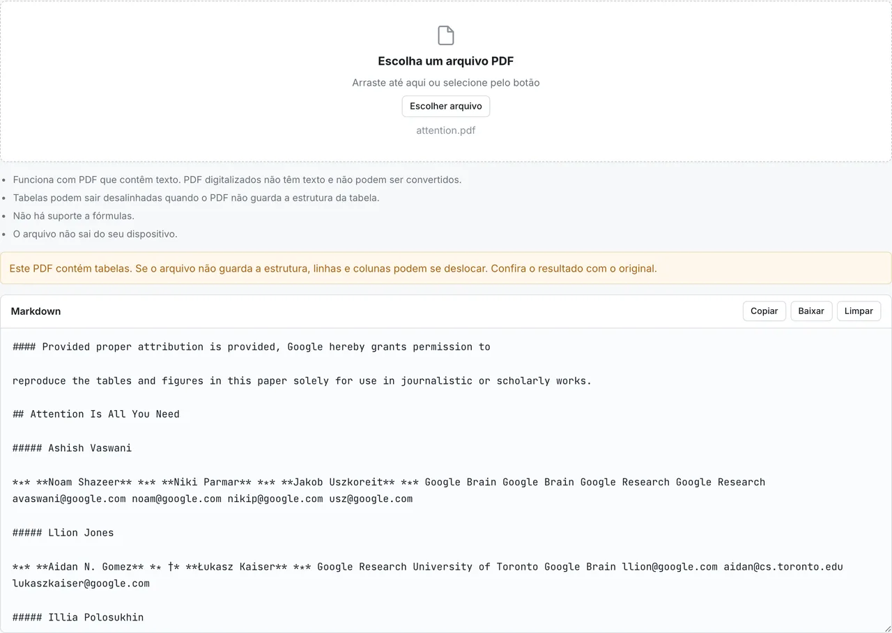 O resultado de converter um PDF para Markdown exibido no FormatArc