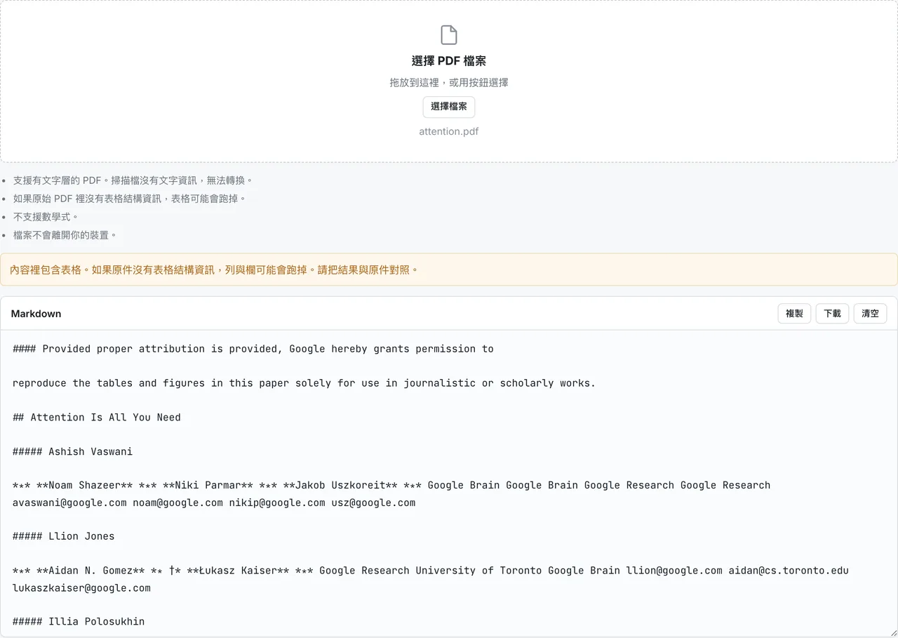 FormatArc PDF 轉 Markdown 工具的轉換結果畫面
