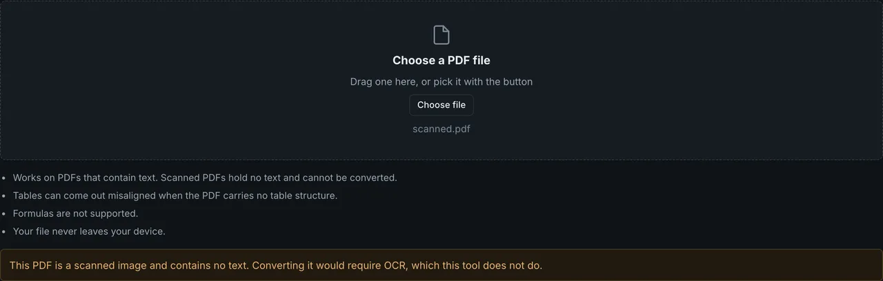 FormatArc PDF to Markdown after loading a scanned PDF, reporting that the file has no text and cannot be converted