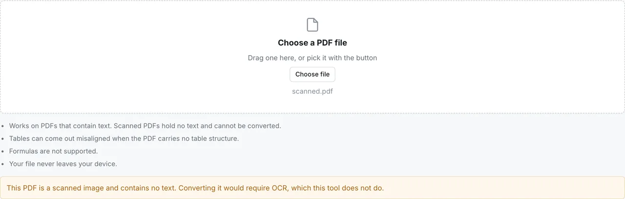 FormatArc PDF to Markdown after loading a scanned PDF, reporting that the file has no text and cannot be converted