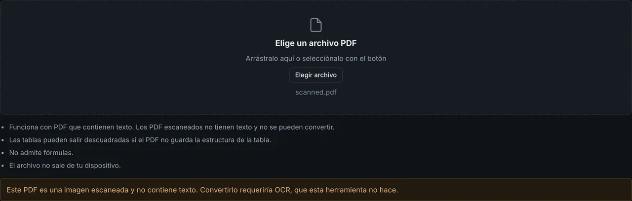 PDF a Markdown de FormatArc tras cargar un PDF escaneado, avisando de que el archivo no contiene texto y no se puede convertir