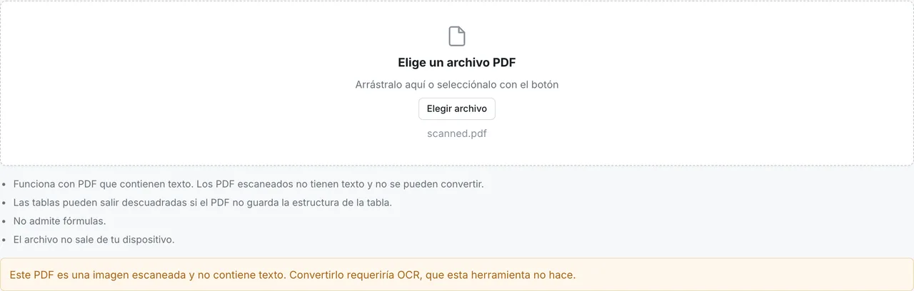 PDF a Markdown de FormatArc tras cargar un PDF escaneado, avisando de que el archivo no contiene texto y no se puede convertir