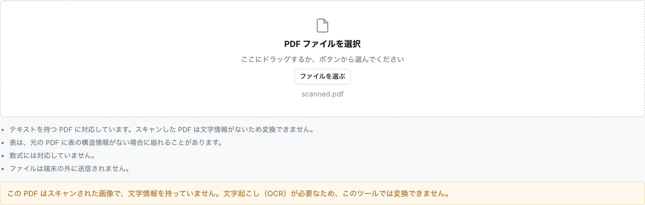 FormatArc の PDF to Markdown にスキャン PDF を読み込ませ、文字情報がないため変換できないと表示された画面