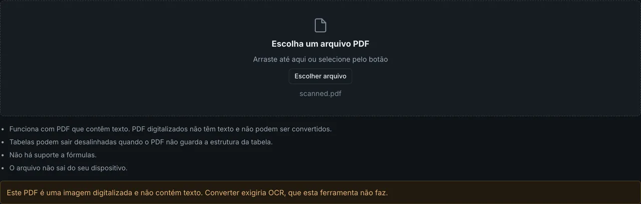 PDF para Markdown do FormatArc depois de carregar um PDF digitalizado, avisando que o arquivo não contém texto e não pode ser convertido