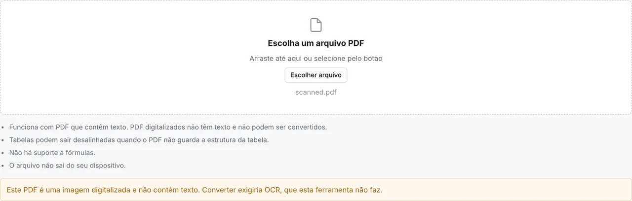 PDF para Markdown do FormatArc depois de carregar um PDF digitalizado, avisando que o arquivo não contém texto e não pode ser convertido