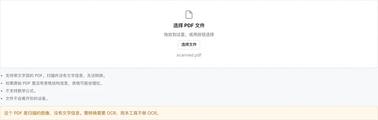 在 FormatArc 的 PDF 转 Markdown 中载入扫描版 PDF 后，提示文件没有文字信息、无法转换的界面