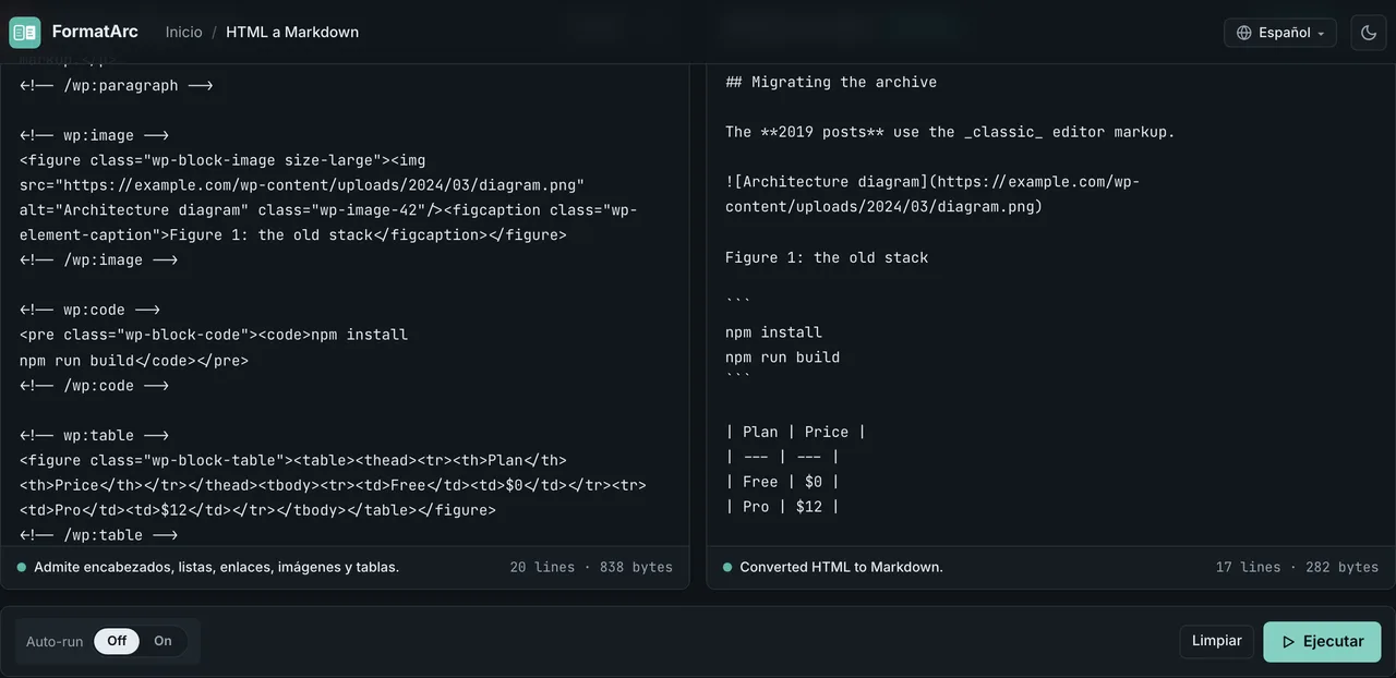 FormatArc convirtiendo HTML de Gutenberg de WordPress a Markdown dentro del navegador