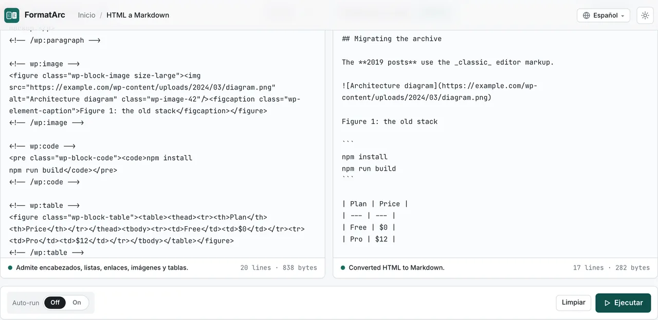 FormatArc convirtiendo HTML de Gutenberg de WordPress a Markdown dentro del navegador