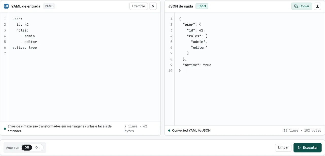 Resultado da conversão de YAML para JSON com entrada e saída lado a lado